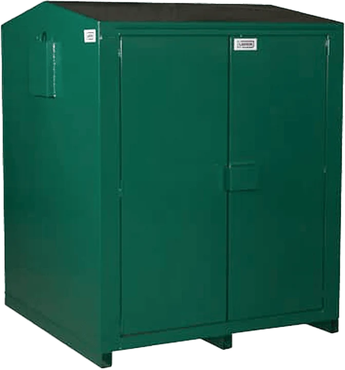 The 76 in Laurin steel storage cabinet painted Moss green, seen from the front left corner