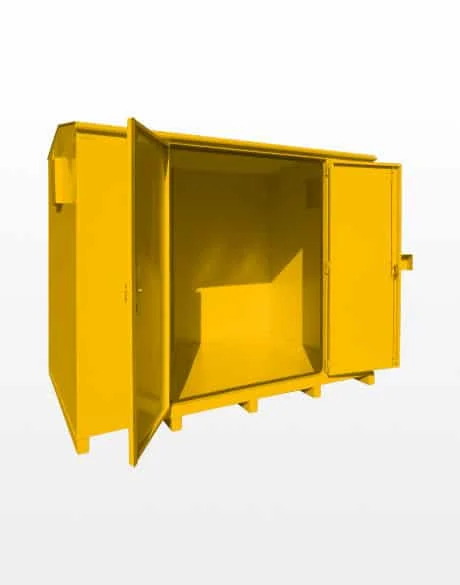 Laurin steel storage cabinet painted Traffic yellow, doors open